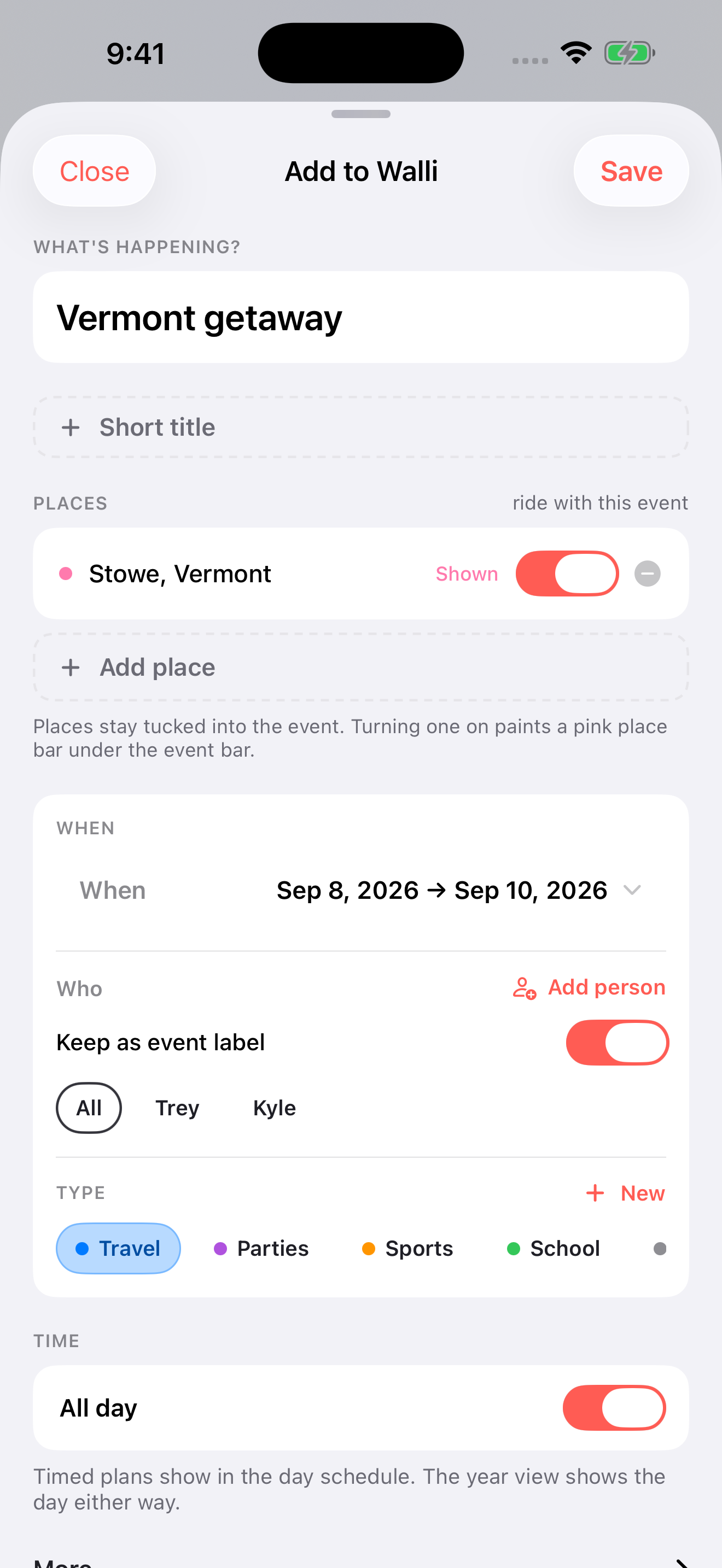 Walli event creation screen with dates, people and places